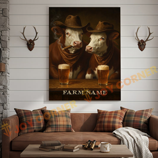 Joycorner Hereford Cow Pair Brown Cowboy Beer Bar – Personalized Farm Name 3D Wrapped Canvas
