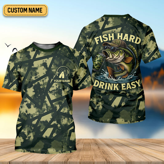 Joycorners Fish Hard Drink Easy Green Camo Funny Fishing Shirt, SPF Shirt For Men, Largemouth Bass Fishing Shirts For Men