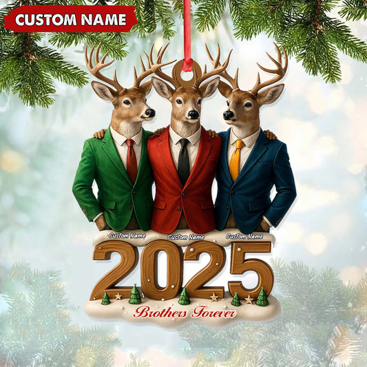 Joycorners Personalized Brothers Forever 2025 Christmas Ornament, Custom Name Deer Trio in Suits, Funny Family Brother Gift Decor MT2411