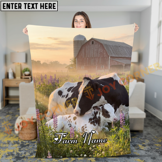Joycorners Holstein Cow With Calf In Misty Barn Sunset Field Personalized Name Blanket