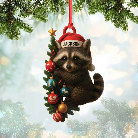 Joycorners Personalized Raccoon Acrylic Christmas Ornament – Cute Holiday Gift - Perfect Gift for Kids & Animal Lovers MT1111