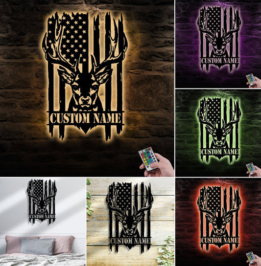 Maxcorners Personalized Vertical American Flag Deer Hunting Metal Sign WITH LED/WITHOUT LED Light Rustic Lodge Wall Decor MT0110