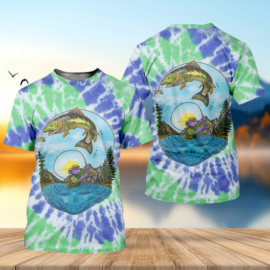 Joycorners Bear Fishing Green And Purple Cool Tie Dye Patterns Fishing UPF Shirts, Fishing Gifts For Men, Men's Fishing Shirt
