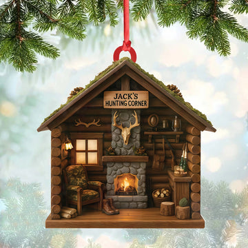 Joycorners Personalized Hunter’s Cabin Ornament, Custom Log Cabin Christmas Decoration for Outdoor Lovers MT1111