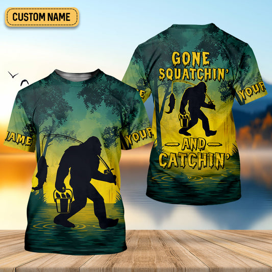 Joycorners Gone Squatchin And Catching Yellow Forest Bigfoot Fishing UPF Shirts, Funny Fishing Shirt, Fishing Gifts For Men