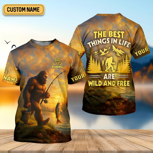 Joycorners The Best Things In Life Are Wild And Free Bigfoot Sunset Funny Fishing Shirt, SPF Shirt For Men