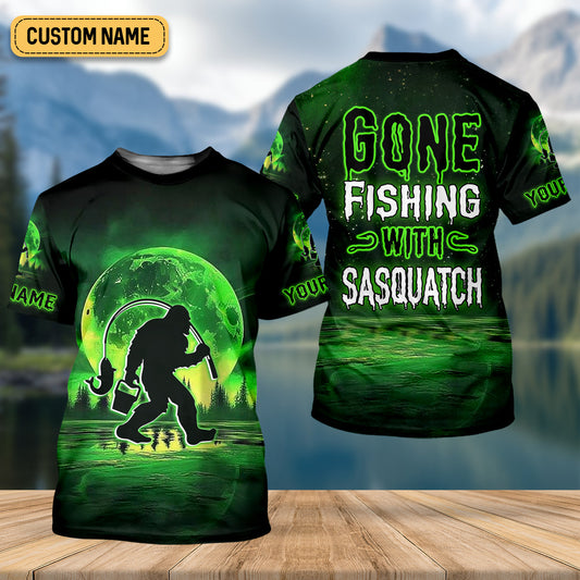 Joycorners Gone Fishing With Sasquatch Neon Green Color Funny Fishing Shirt, SPF Shirt For Men, Presents For Fishermen