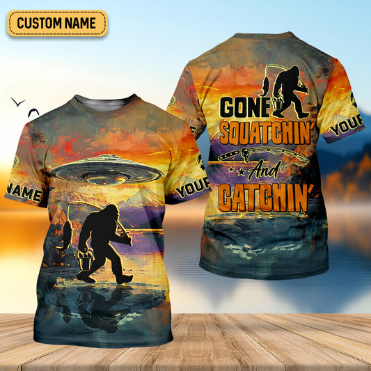 Joycorners Gone Squatchin And Catchin UFO Bigfoot Fishing UPF Shirts, Fishing Gifts For Men, Fishing Shirts For Men