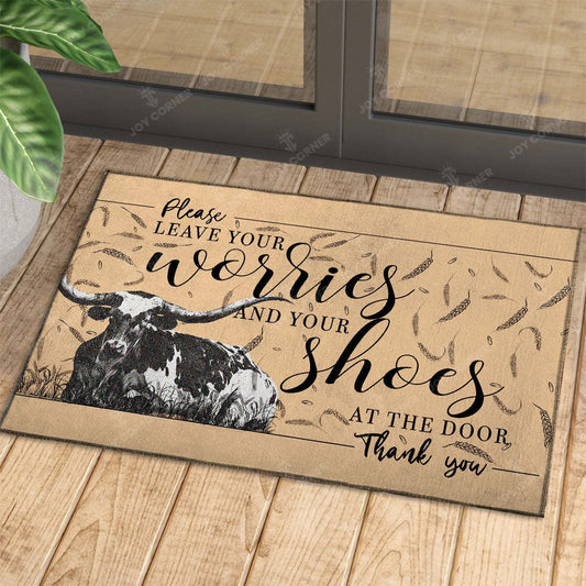 Joycorners Texas Longhorn - Leave Your Worries And Your Shoes At The Door Doormat