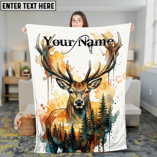 Joycorners Sunset Forest Deer Watercolor Portrait Personalized 3D Blanket