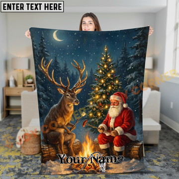 Joycorners Magical Christmas Santa Claus and Deer by Fireplace Personalized 3D Blanket