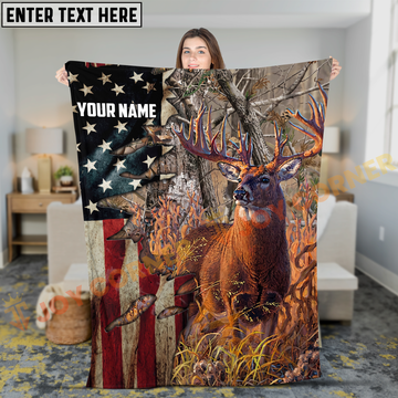 Joycorners Patriotic Whitetail Buck USA Flag Hunting Personalized 3D Blanket