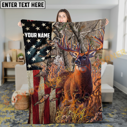 Joycorners Patriotic Whitetail Buck USA Flag Hunting Personalized 3D Blanket