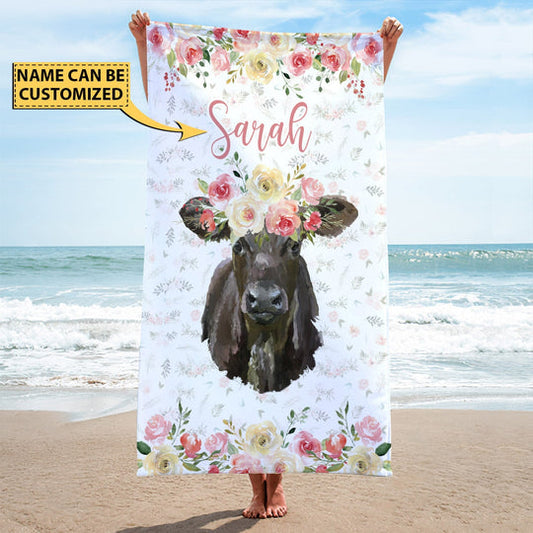 Joycorners Cattle Pink Floral Custom Name Beach Towel