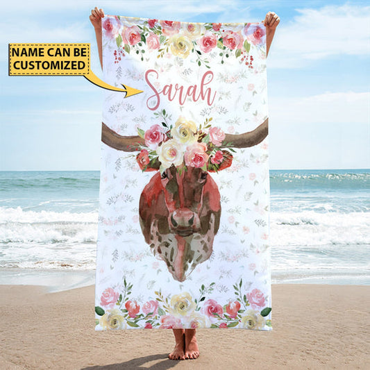 Joycorners Cattle Pink Floral Custom Name Beach Towel