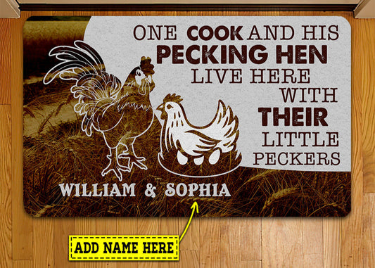 Joycorners Personalized Chicken Doormat, One Cook His Pecking Hen Live Here Gift For Chicken Lovers, New Home Gift, Housewarming Gift, Chicken Decor LM0210