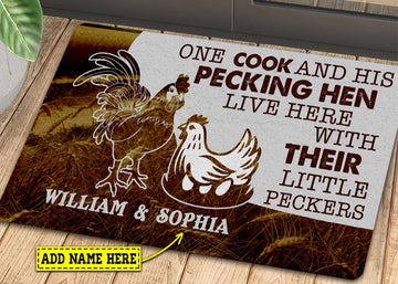 Joycorners Personalized Chicken Doormat, One Cook His Pecking Hen Live Here Gift For Chicken Lovers, New Home Gift, Housewarming Gift, Chicken Decor LM0210