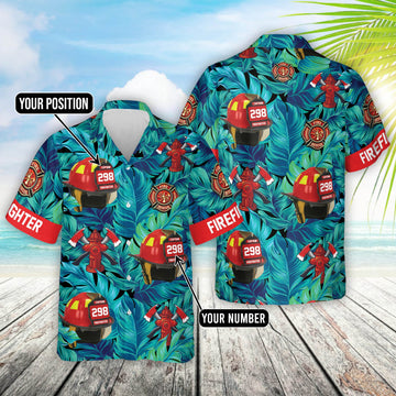 Maxcorners Custom Hawaiian Shirt Gift For Firefighter - Personalized Gifts For Fireman - Firefighter Helmet Tropical Pattern Hawaiian Shirt LM1911