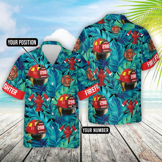 Maxcorners Custom Hawaiian Shirt Gift For Firefighter - Personalized Gifts For Fireman - Firefighter Helmet Tropical Pattern Hawaiian Shirt LM1911