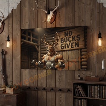 Joycorners Muscular Deer Lifting Dumbbells “No Bucks Given” Gym Cabin Wrapped Canvas