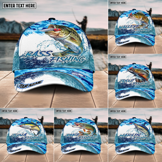 Joycorners Fishing Blue Water Camo Pattern Sport Pattern Personalized Name 3D Cap (11 Breeds)