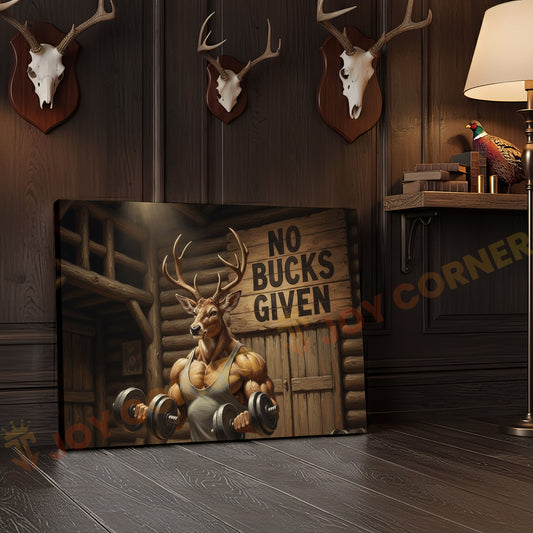 Joycorners Muscular Deer Lifting Dumbbells “No Bucks Given” Gym Cabin Wrapped Canvas