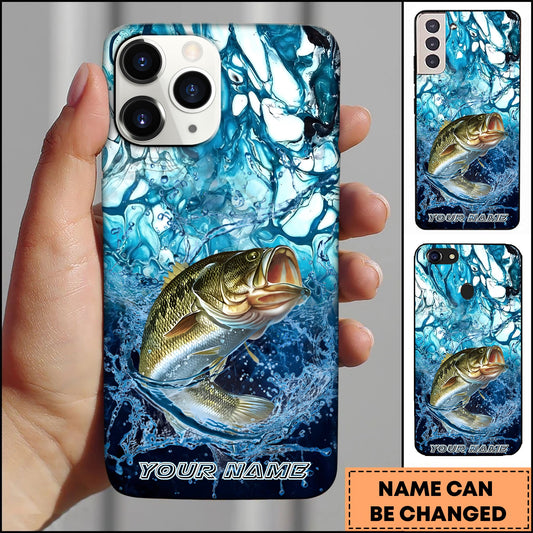 Joycorners Bass Fishing Phone Case Blue Water Splash Fish Art Personalized Name 3D Phone Case