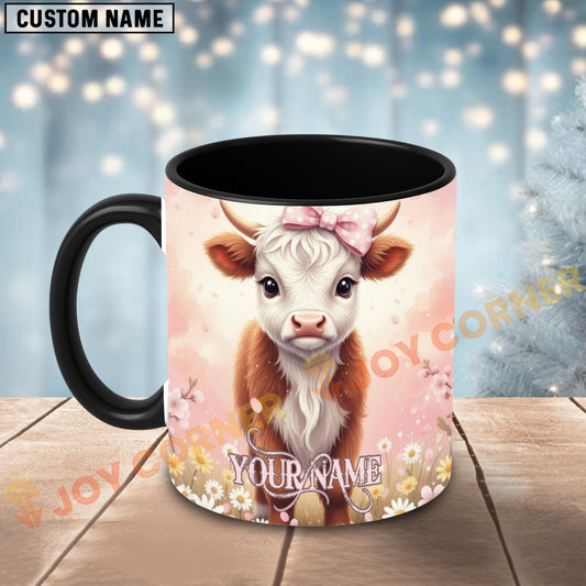 Joycorners Brown and White Calf Pink Bow Custom Name Mug