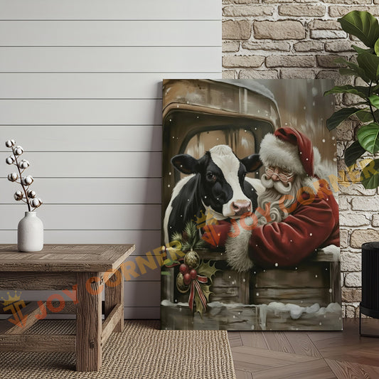Joycorner Holstein Cow With Santa Claus Christmas Scene 3D Wrapped Canvas