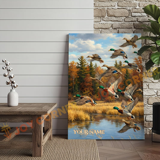 Joycorners Flying Ducks Autumn Lake Personalized Name Canvas