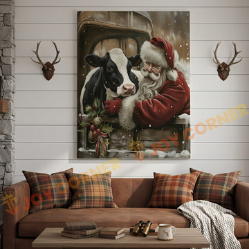 Joycorner Holstein Cow With Santa Claus Christmas Scene 3D Wrapped Canvas