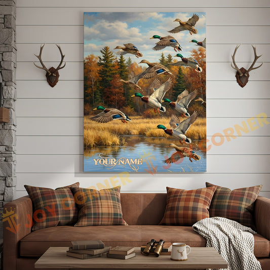 Joycorners Flying Ducks Autumn Lake Personalized Name Canvas