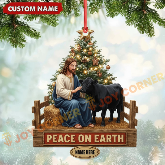 Joycorners Christmas Gifts Jesus & Cow Ornament, Custom Name Acrylic Ornament (10 Breed Options)