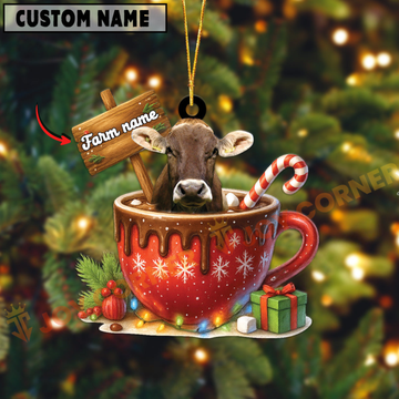 Joycorners Personalized Brown Swiss Moo-ry Christmas Cocoa Mug Acrylic Ornament