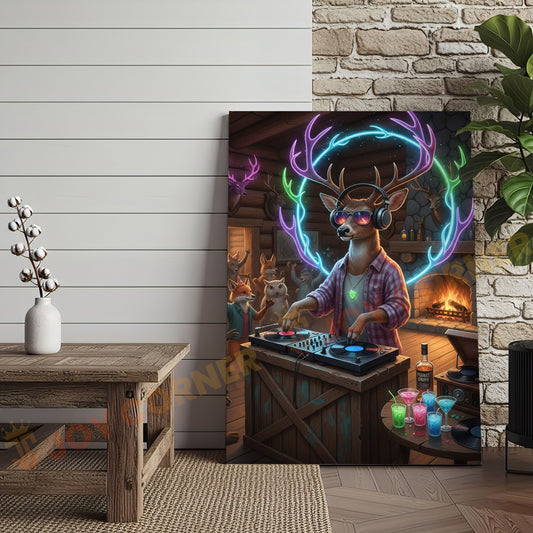 Joycorners Deer DJ Party in Cabin Bar with Neon Antlers and Colorful Lights Wrapped Canvas Wall Art