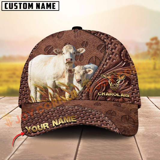 Joycorners Charolais Cattle Rustic Tooled Leather Customized Name 3D Classic Cap