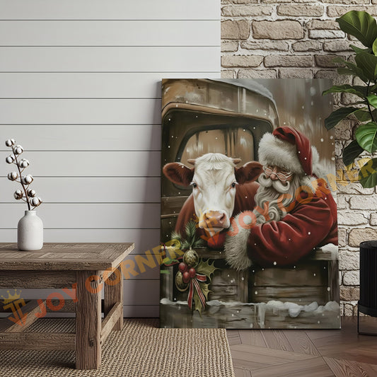 Joycorner Hereford Cow With Santa Claus Christmas Scene 3D Wrapped Canvas