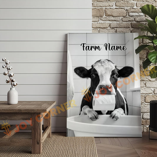 Joycorners Cattle Cow Funny Holstein Cow In Bathroom Holding Toilet Paper Personalized Name Canvas