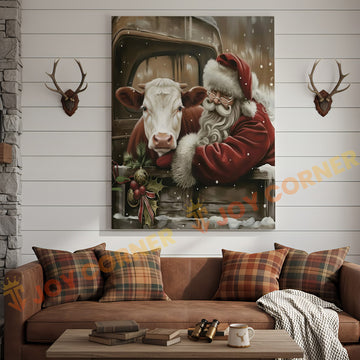 Joycorner Hereford Cow With Santa Claus Christmas Scene 3D Wrapped Canvas