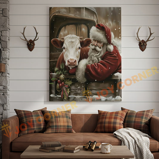 Joycorner Hereford Cow With Santa Claus Christmas Scene 3D Wrapped Canvas