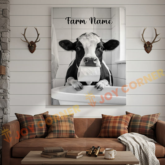 Joycorners Cattle Cow Funny Holstein Cow In Bathroom Holding Toilet Paper Personalized Name Canvas