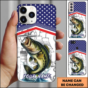 Joycorners Fishing American Flag Nautical Sketch Style Personalized Name Phone Case (10 Fish Species)