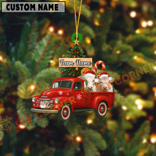 Joycorners Personalized Charolais Ornament – Red Christmas Truck & Farm Name Custom Shape Acrylic Ornament