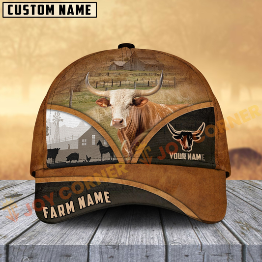Joycorners Texas Longhorn Farm Country Customized Name Brown Leather Pattern Cap