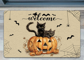 Joycorners Halloween Black Cat Doormat, Welcome Cats In A Pumpkin, Housewarming Gift, Doormat Decor LM0210