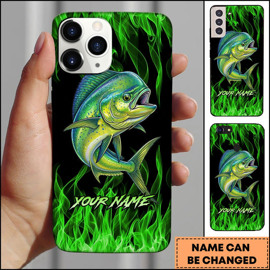 Joycorners Mahi-mahi Neon Green Flame Black Background Art Personalized Name Phone Case