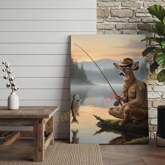 Joycorners Deer Fisherman Catching Big Trout at Misty Lake Sunrise Wrapped Canvas Wall Art
