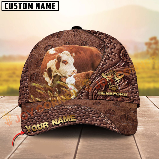 Joycorners Hereford Cattle Rustic Tooled Leather Customized Name 3D Classic Cap