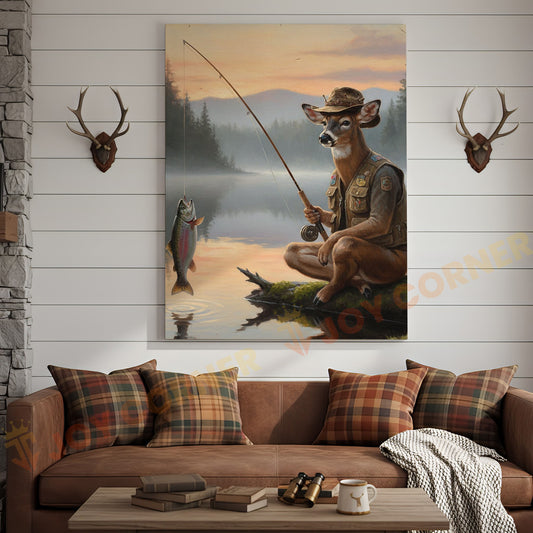 Joycorners Deer Fisherman Catching Big Trout at Misty Lake Sunrise Wrapped Canvas Wall Art
