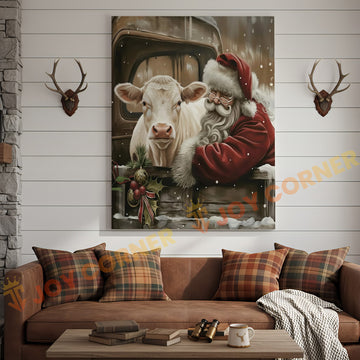 Joycorner Charolais Cow With Santa Claus Christmas Scene 3D Wrapped Canvas